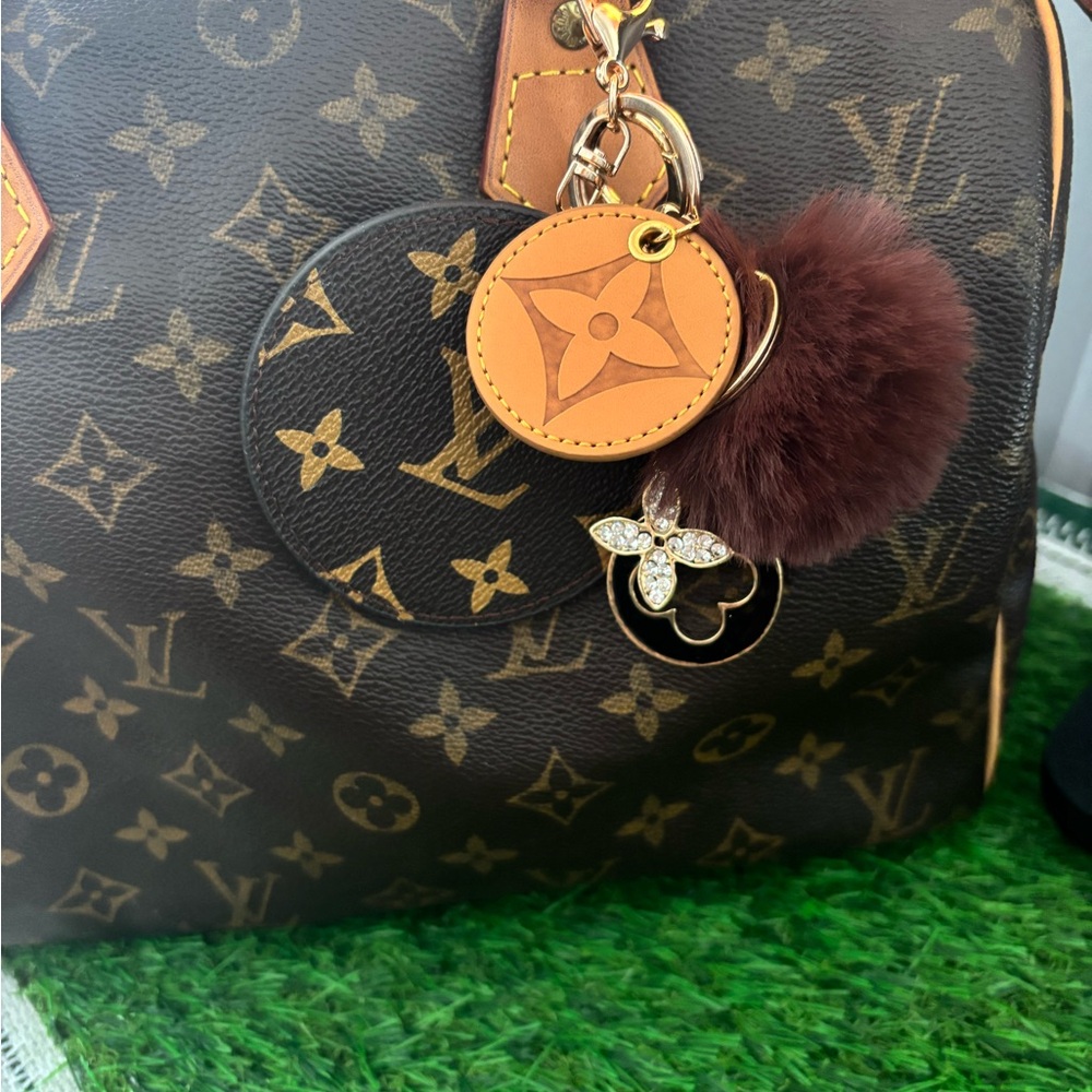 Monogram-Pattern Brown Pom-Pom Keychain - image 5